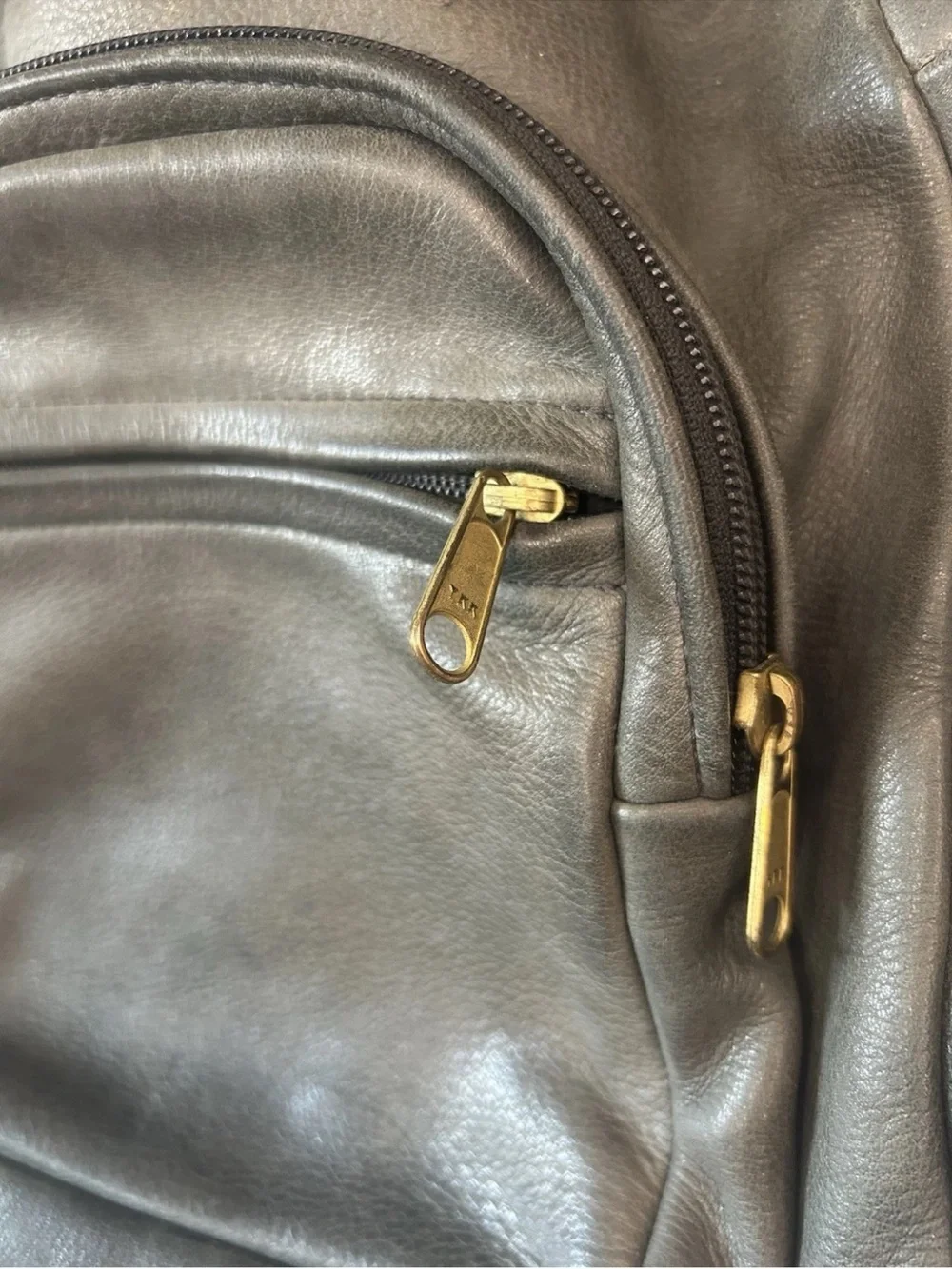 Vintage 90s Olive Green Genuine Leather Backpack Purse Brass YKK Slouchy